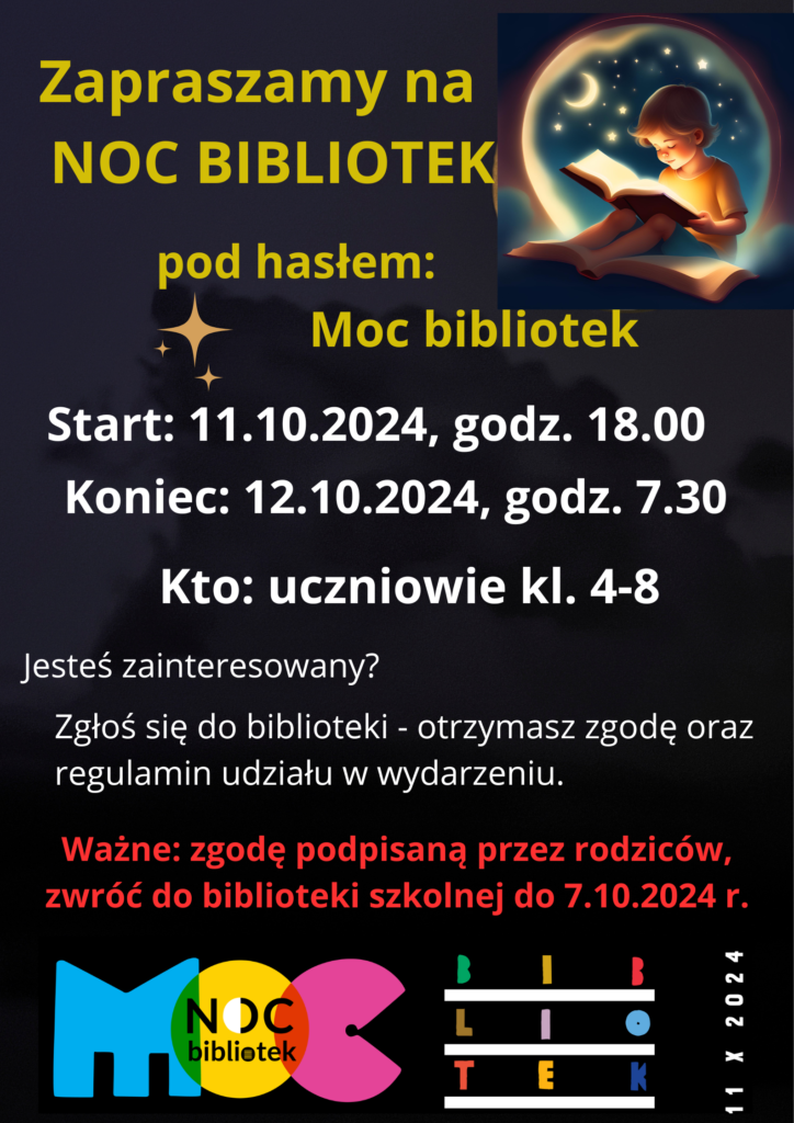 Plakat informujący o wydarzeniu Noc Bibliotek